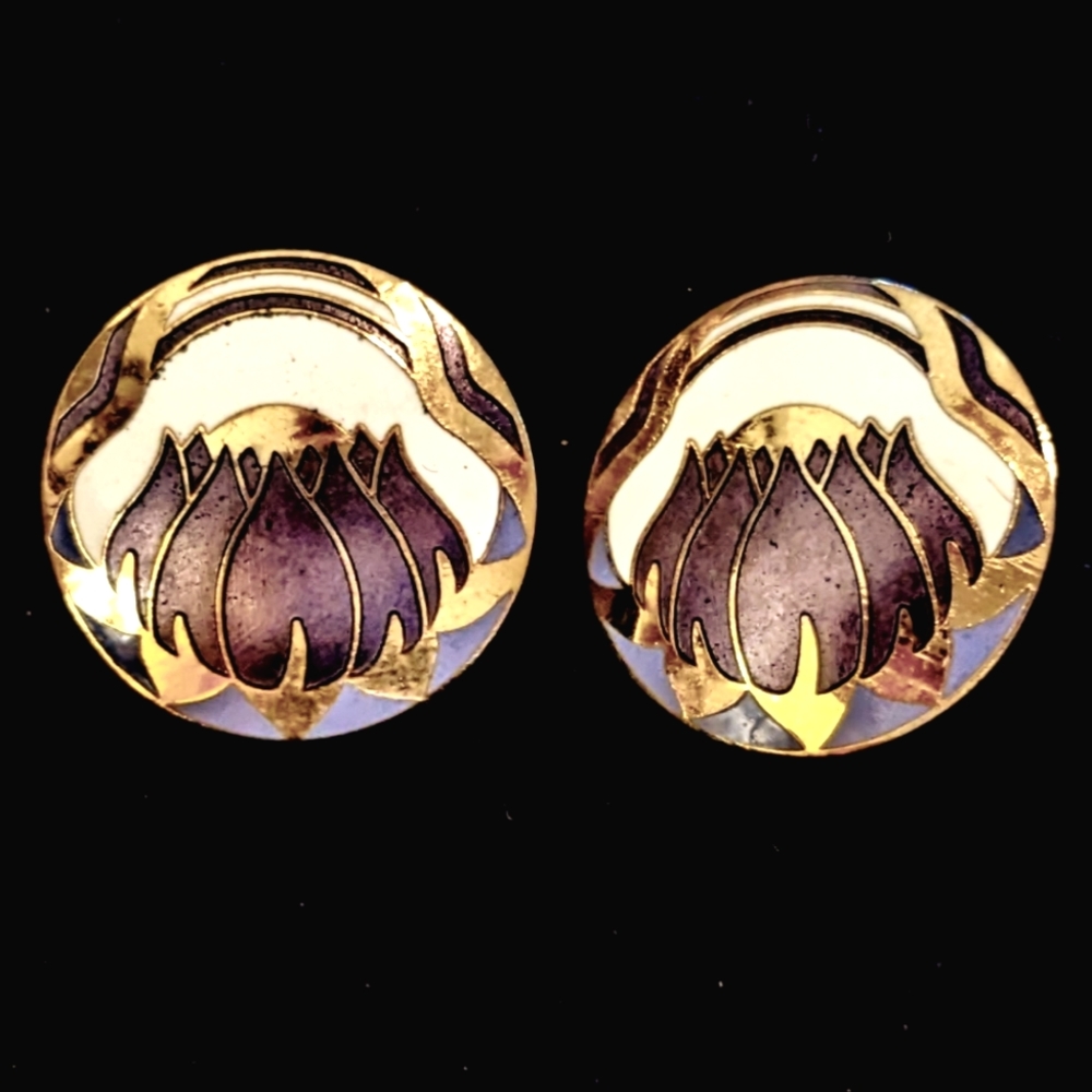 Vintage Meow Enamel Lotus Earrings